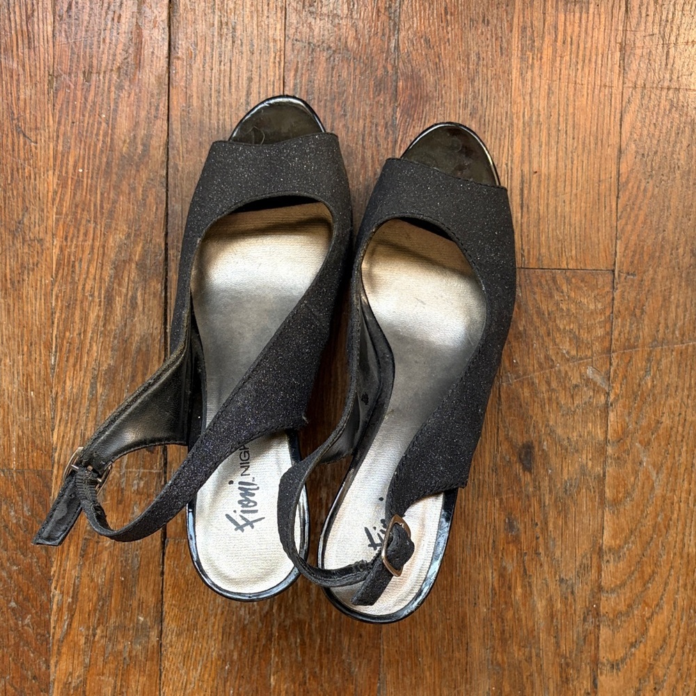 Fiona Night Open Toe Glitter Black Heels 8.5